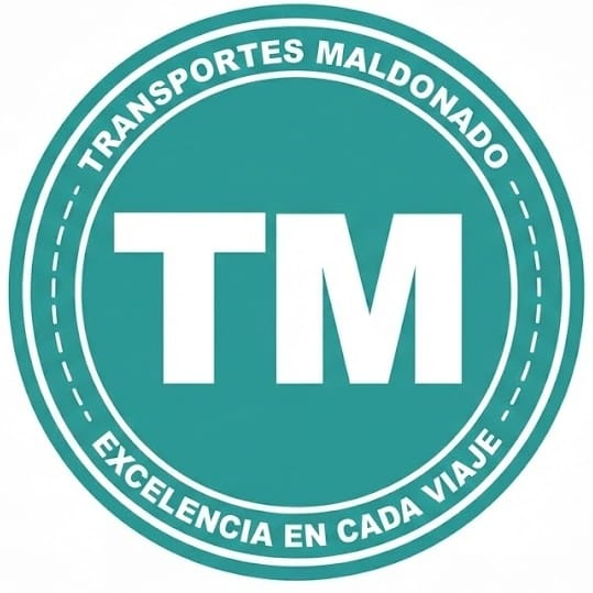 Circular logo for Transportes Maldonado, teal background, white text: "TM" and "EXCELENCIA EN CADA VIAJE".
