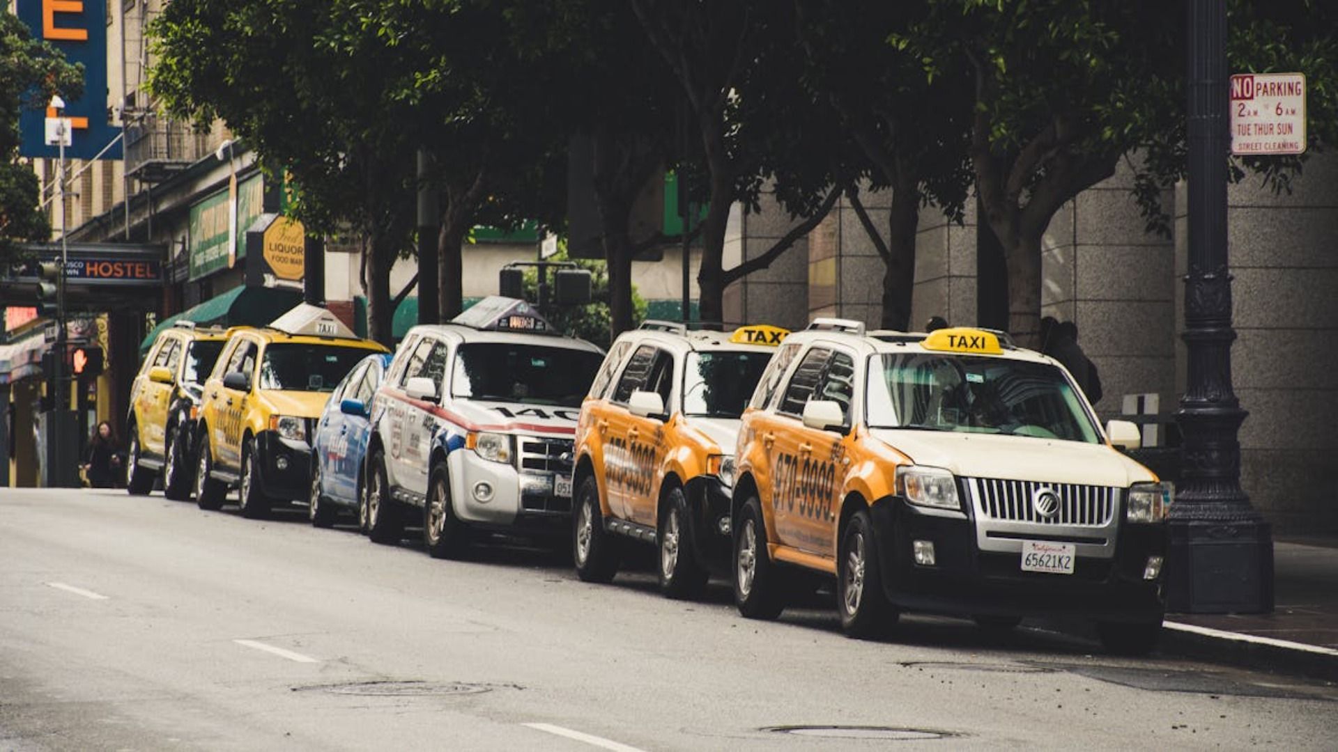 Taxis estacionados en una calle de la ciudad. Taxis amarillos y blancos alineados bajo los árboles en un día gris.