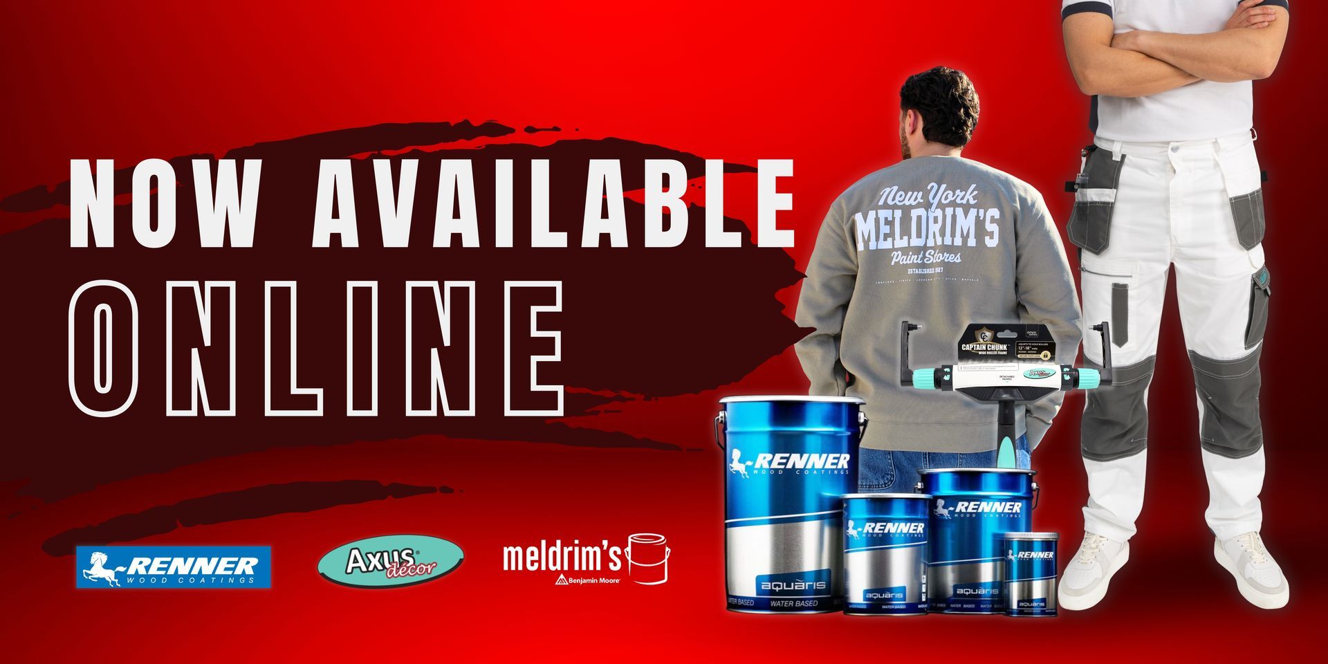 Two trucks are parked in front of a building that says meldrim 's paint