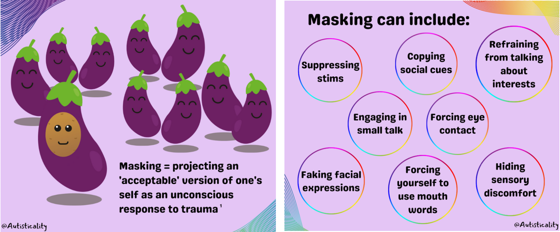 A cartoon of purple eggplant with a face and the words masking can include