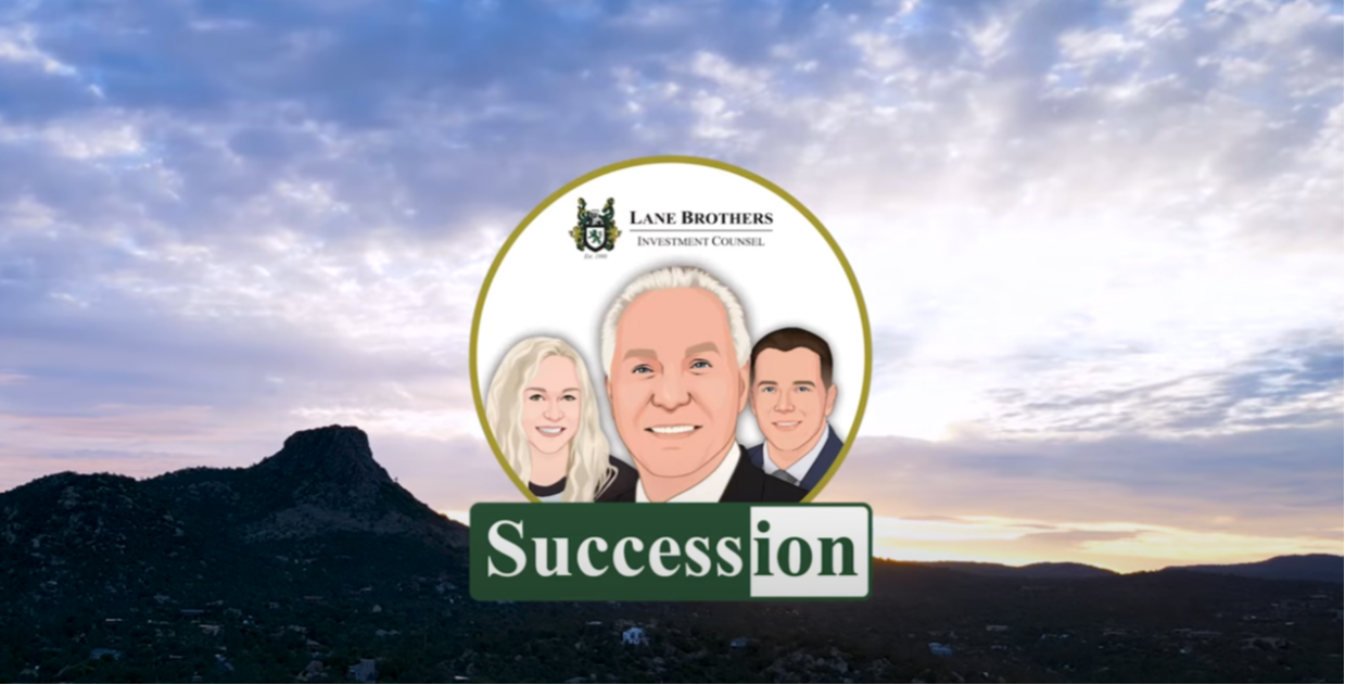 A group of people are standing in front of a mountain with the words succession on the bottom.