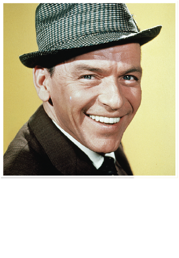 Frank Sinatra wearing a dark fedora and suit jacket against a solid yellow background, smiling broadly.