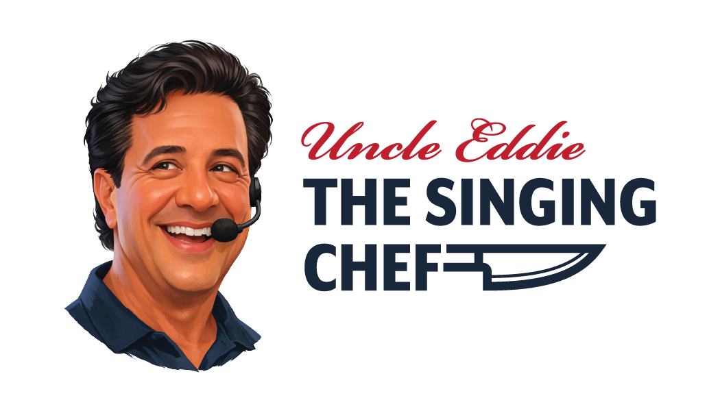 Smiling chef wearing a headset next to text reading 