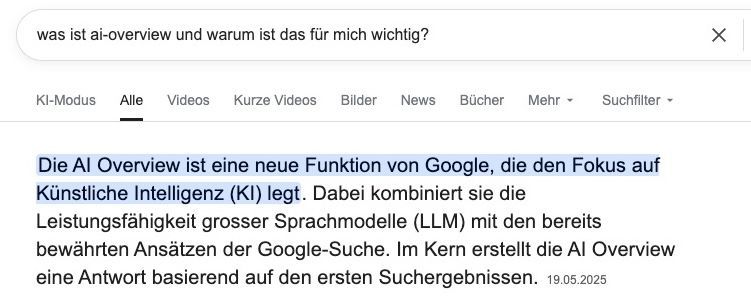 Screenshot einer Google Suchergebnisseite mit AI-Overview 
