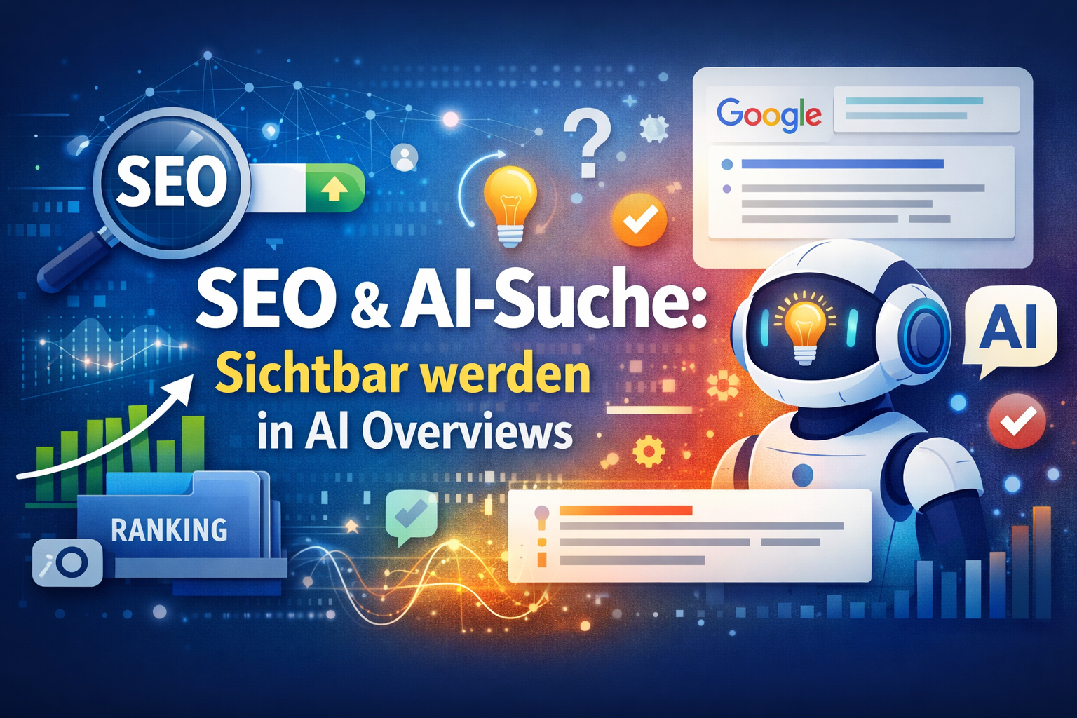 Illustration von SEO und KI-Suche mit einem Roboter, einer Lupe und der Google-Oberfläche.