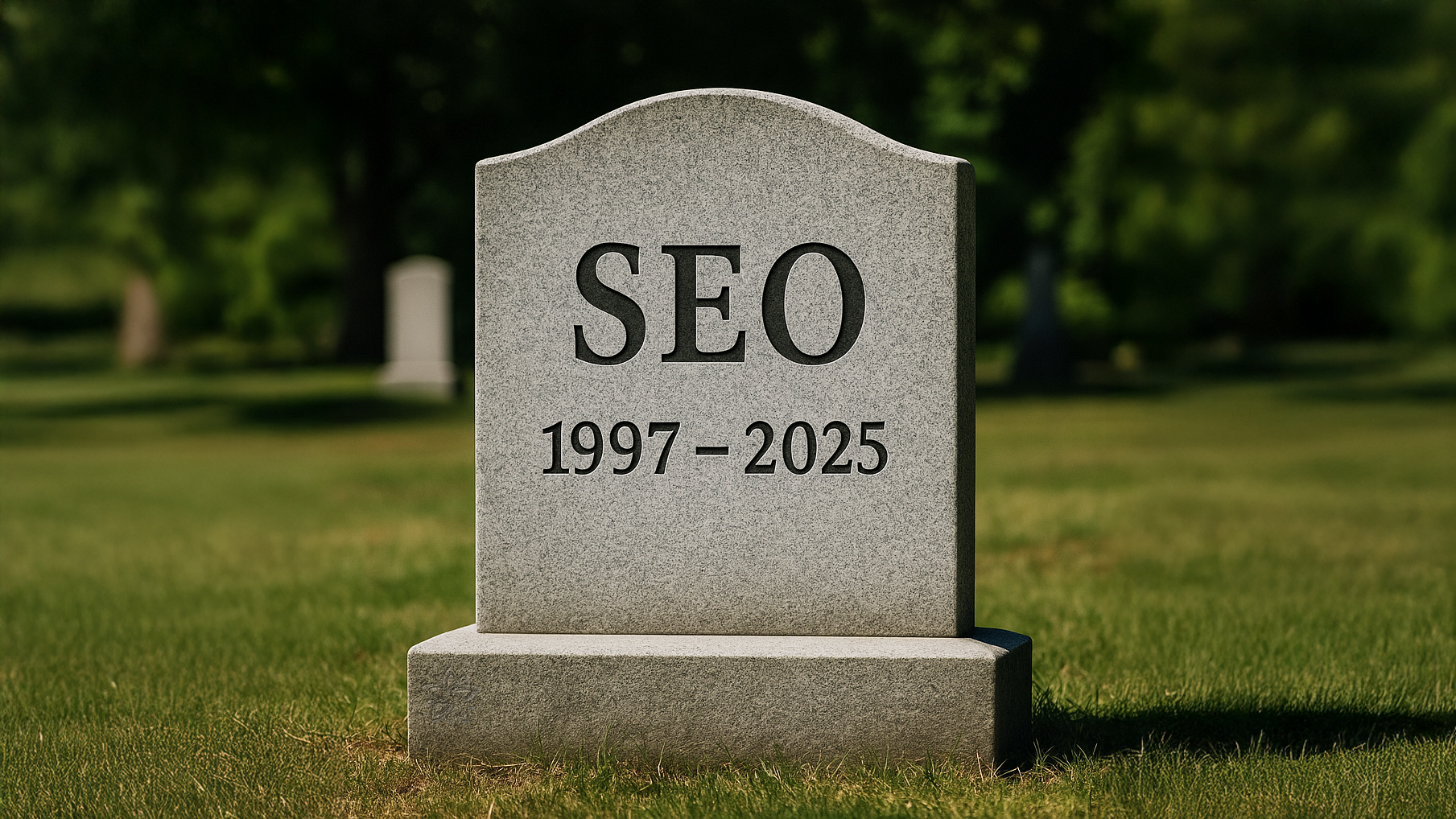 Grabstein mit der Inschrift „SEO 1997–2025“ – symbolisch für die Debatte, ob klassische Suchmaschine