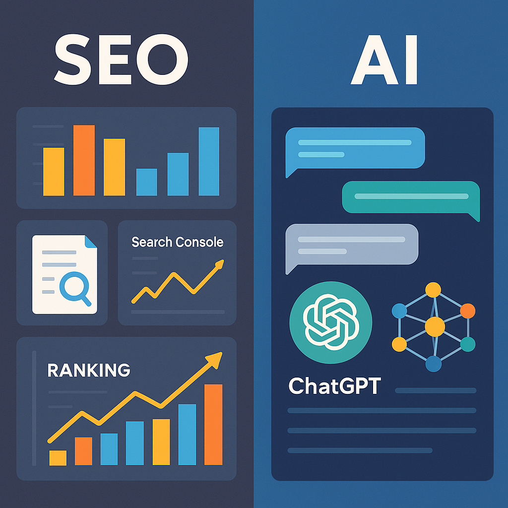 Eine Infografik, die den Unterschied zwischen SEO und AIO zeigt.