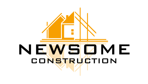 A logo for newsome construction with a house on top