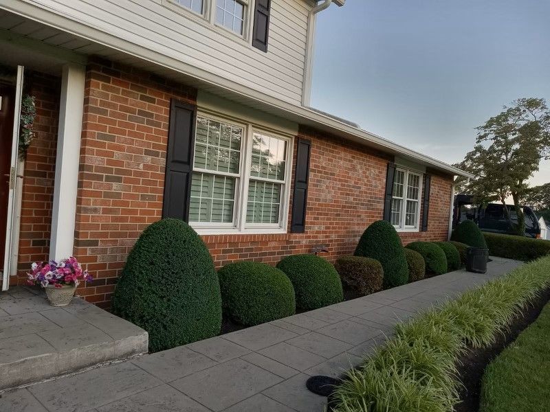 A brick house with black shutters and bushes in front of it