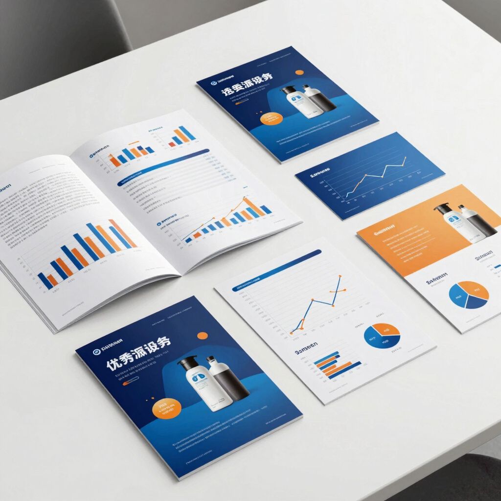 Marketing materials on a white table: brochures, charts, graphs, and product images with blue and orange accents.