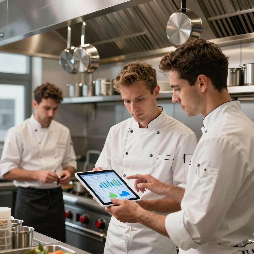 Chefs in a kitchen examine data on a tablet. One points, others look on in a stainless steel setting.