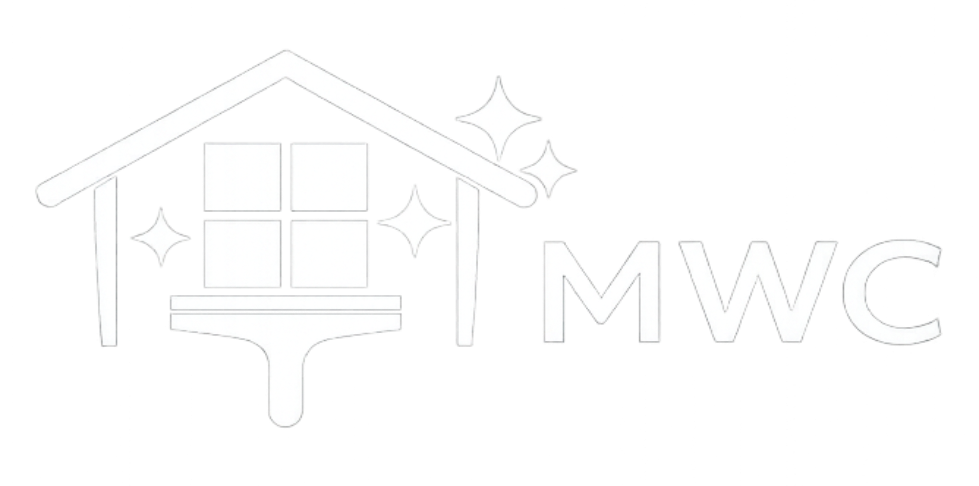 The logo for Monroe Window Cleaners. It is an image of a house icon with a window cleaning squeegee in it with MWC next to it