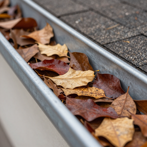 An image of a gutter with leaves in it. The performance of this gutter can be greatly improved with a gutter cleaning service