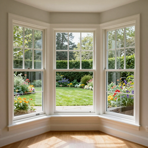 An image of a bay window overlooking a landscaped yard after a window washing. The windows are very clean.