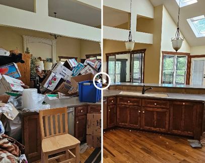 Before: Cluttered kitchen with boxes and items After: Tidy kitchen with clear counters