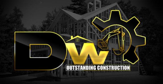 A black and gold logo for dw outstanding construction