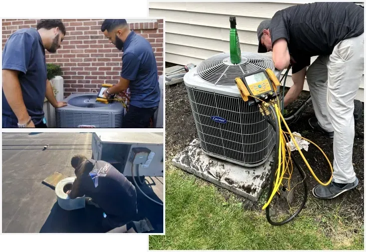 HVAC technicians inspecting air conditioning units; working outdoors and on a rooftop.
