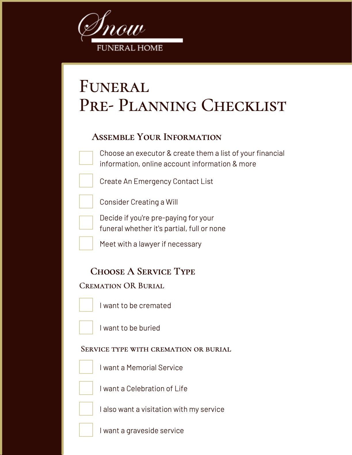 Snow Funeral Pre-Planning Checklist