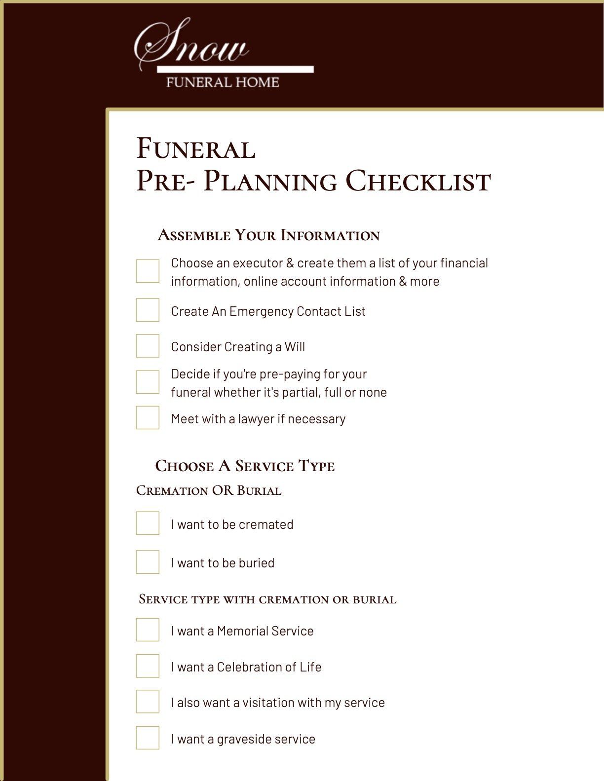 Funeral Pre Planning Guide FREE Pre Planning Checklist