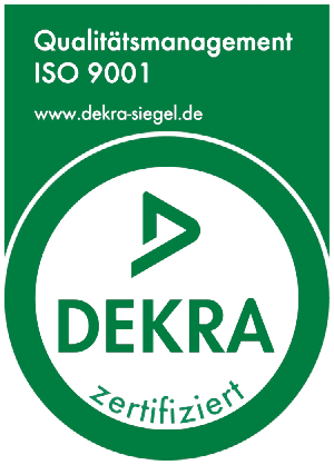 Ein grün-weißes Logo für Dekra ISO 9001