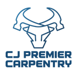 Blue CJ Premier Carpentry logo with stylized bull head icon and company name