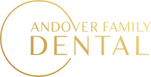 The logo for andover family dental has a gold circle around it.