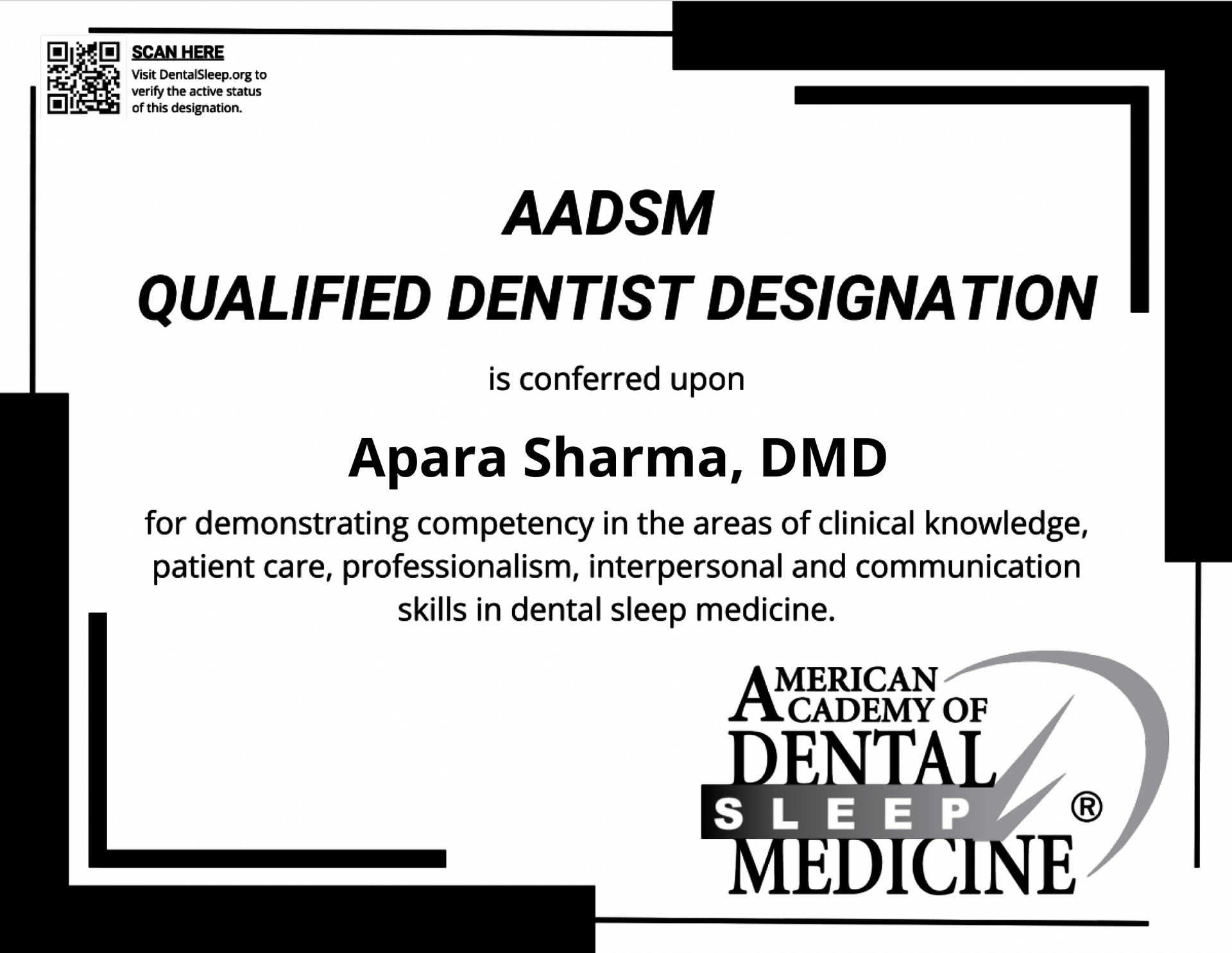 Certificate for Apara Sharma, DMD, with