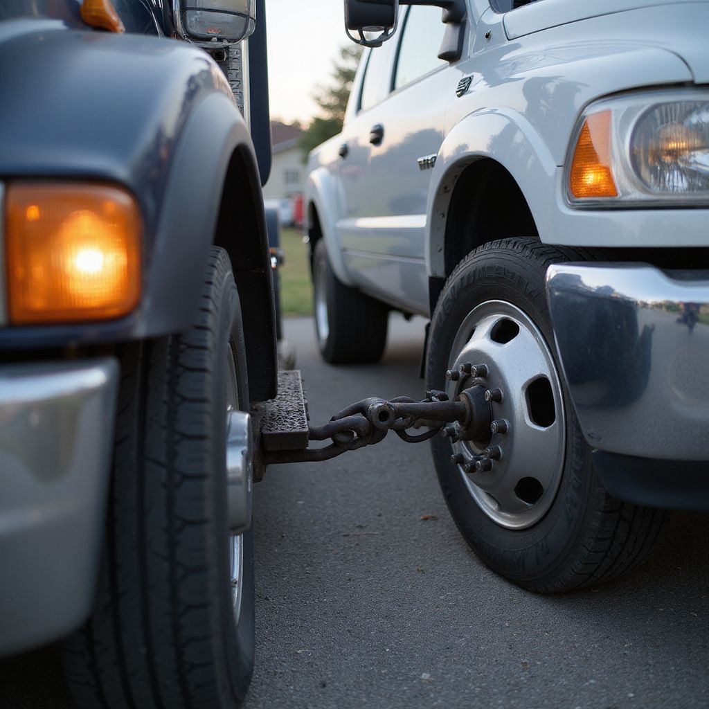 A close-up view of a tow truck mechanism hooked to the wheel of a white pickup truck on an asphalt road.