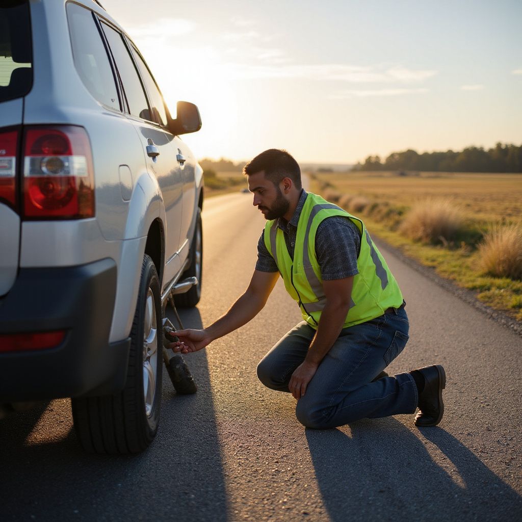 Man in a safety vest changing a flat tire on a silver SUV on a rural road at sunset.