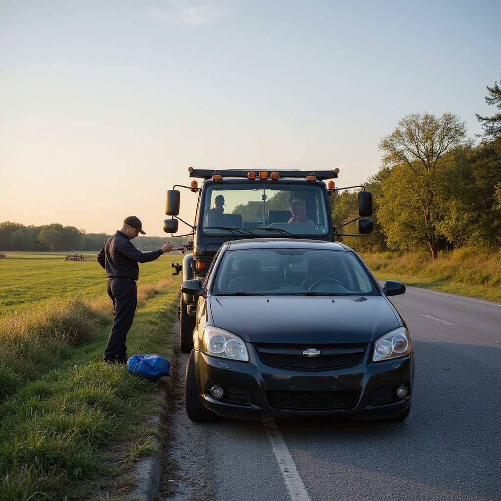 Tow truck driver prepares to tow a black car on the side of a road with fields in the background.