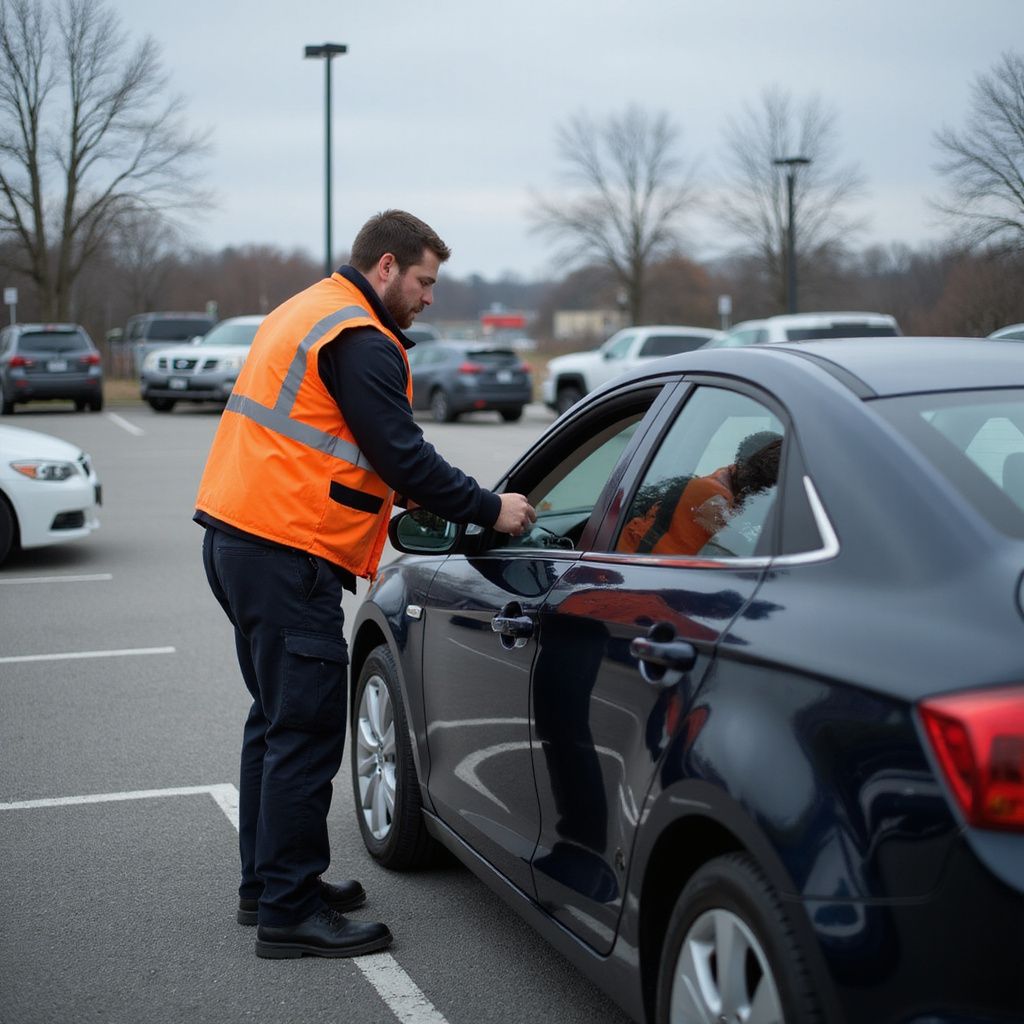 Man in orange vest talking to driver in a blue car in a parking lot on a cloudy day.
