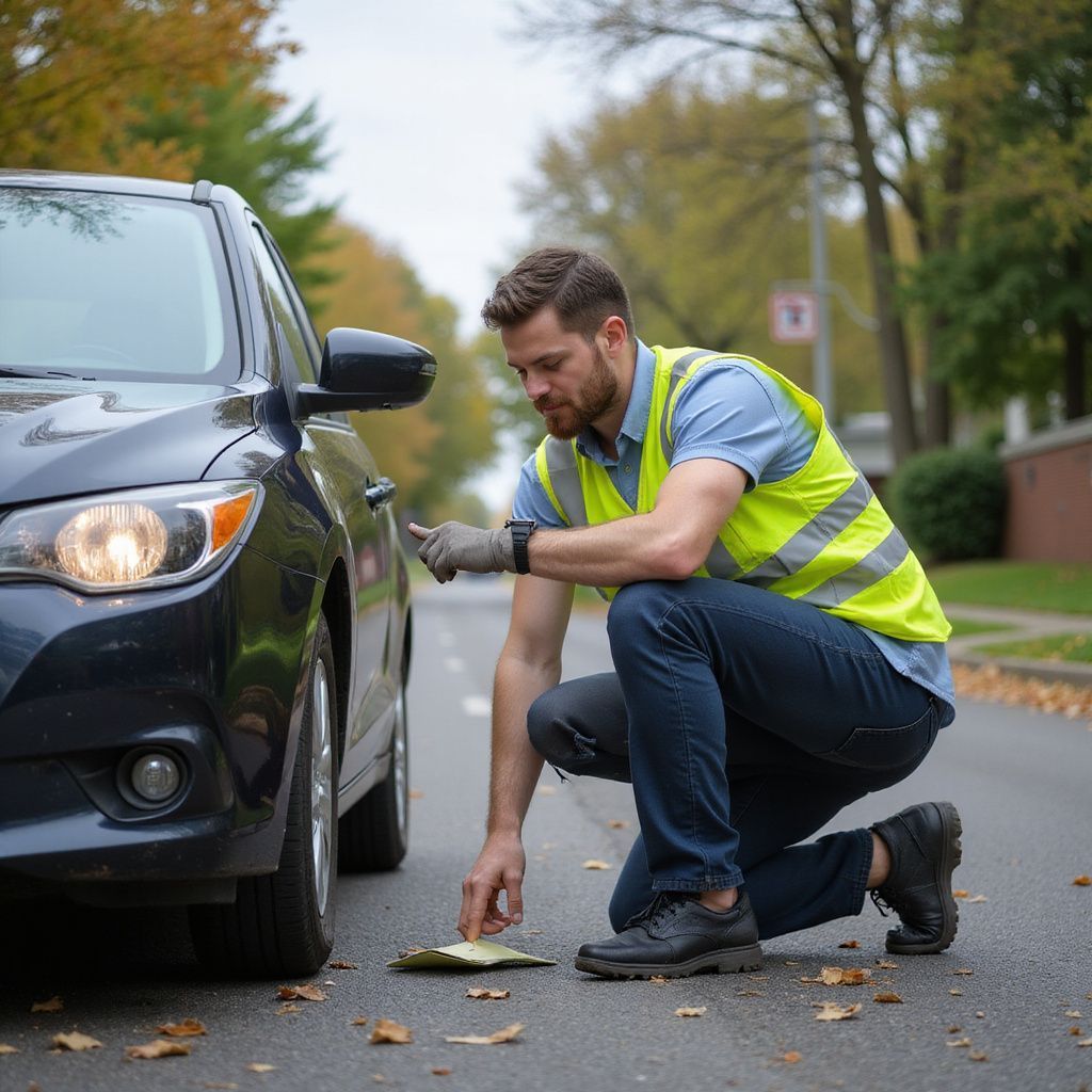 A person wearing a high-visibility vest kneels by the front tire of a dark car on a paved street, pointing at the ground.