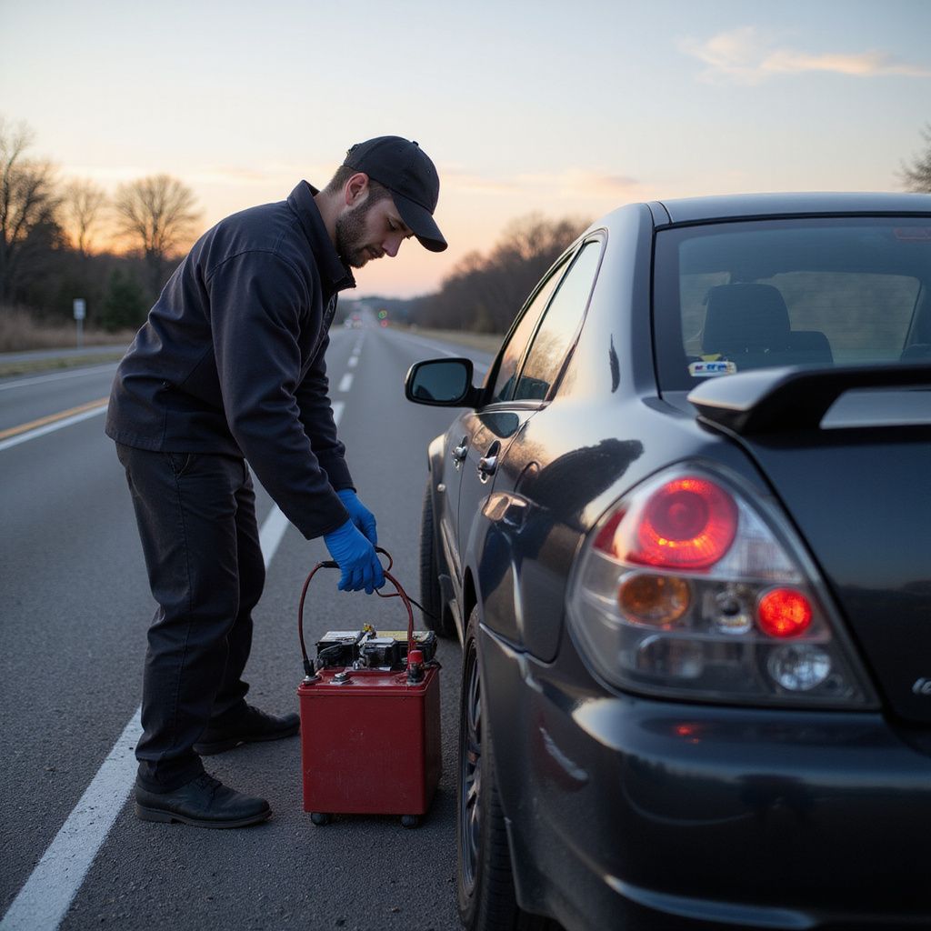 A man in black overalls jumps a car battery on a road at dusk.