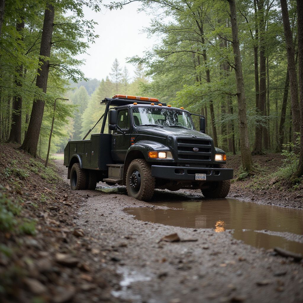 Black tow truck driving on a muddy forest road.