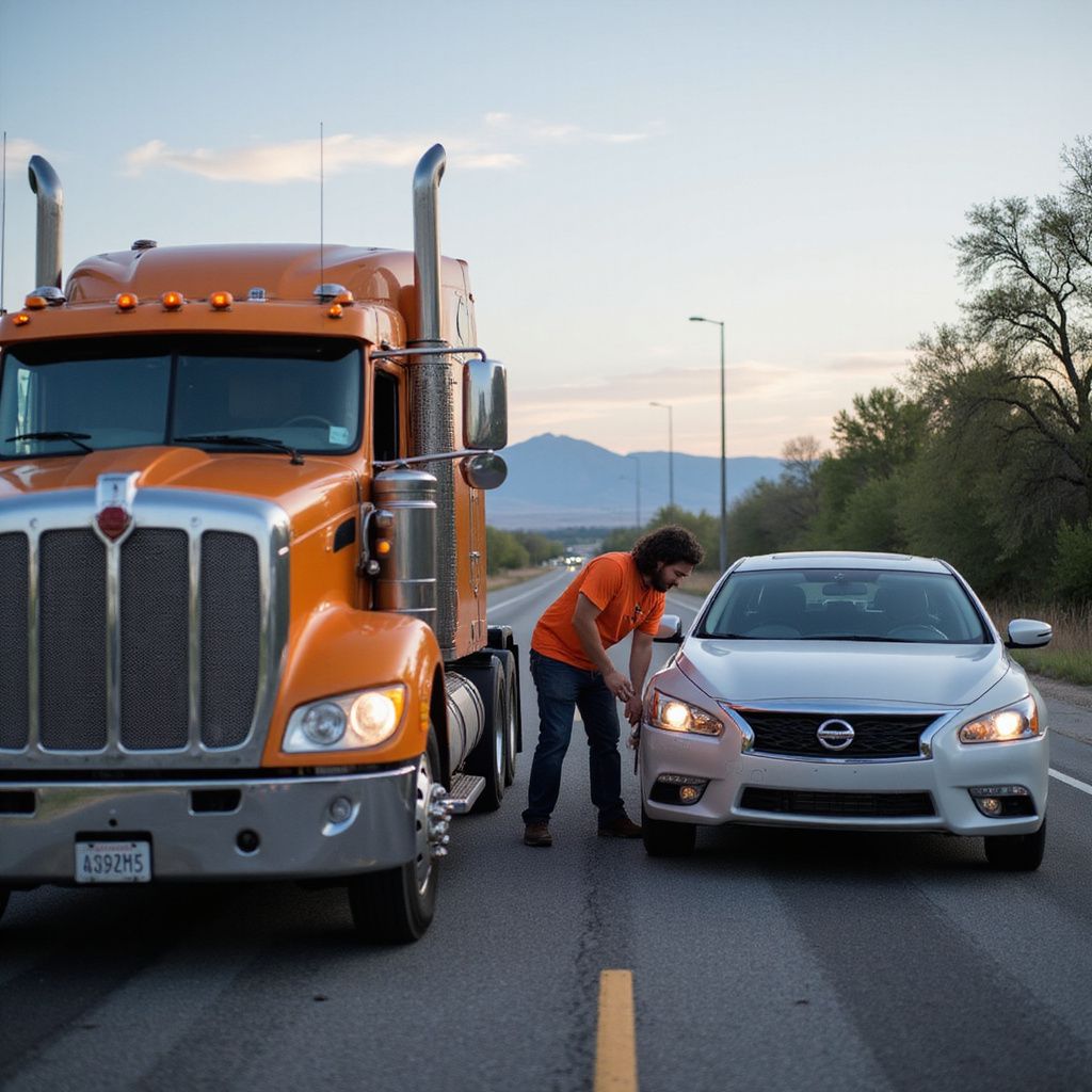Man inspects car headlight, a large orange semi-truck stopped in the road beside it. Roadside setting.
