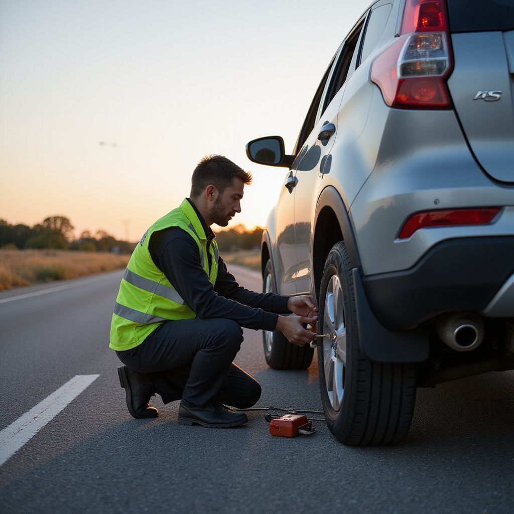 Man in reflective vest changing a tire on a silver SUV on a roadside at sunset.