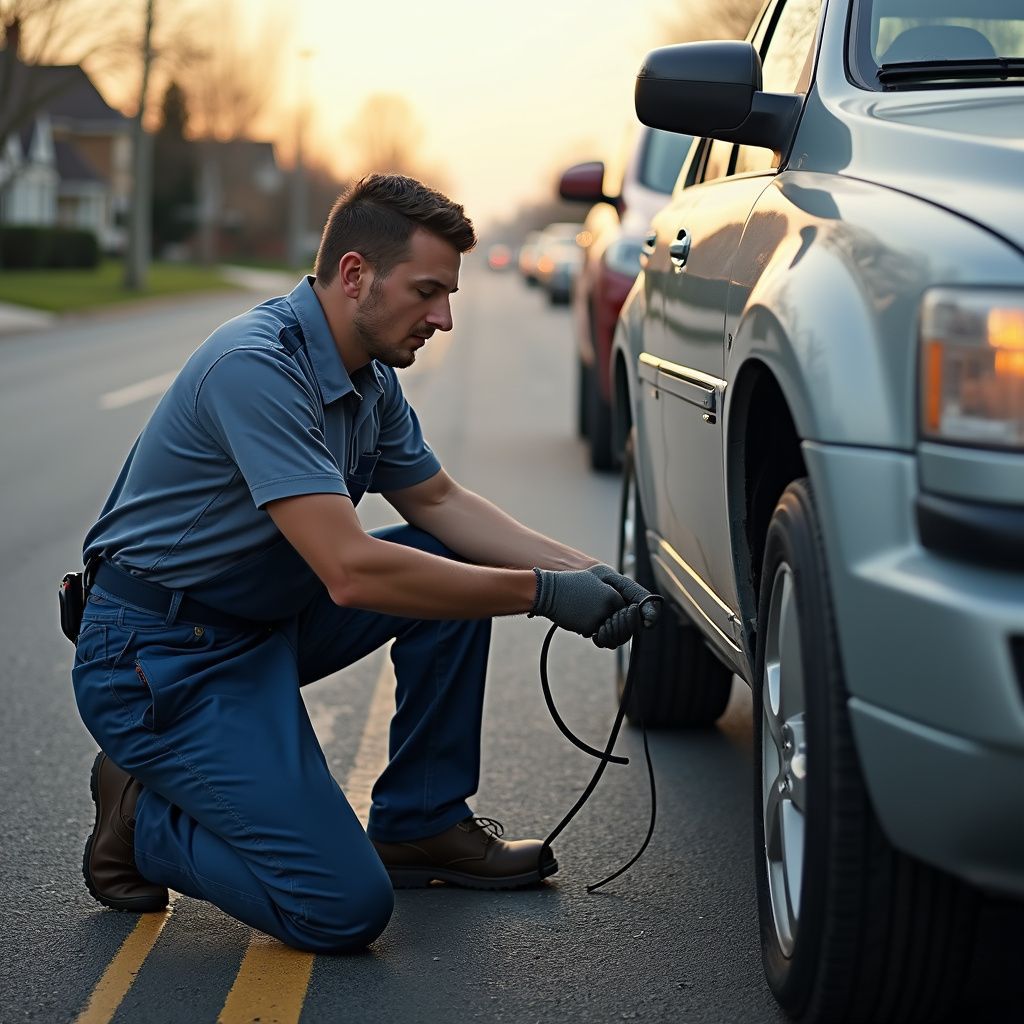 Man kneeling by a car, checking a tire. He wears gloves and work clothes on a street.
