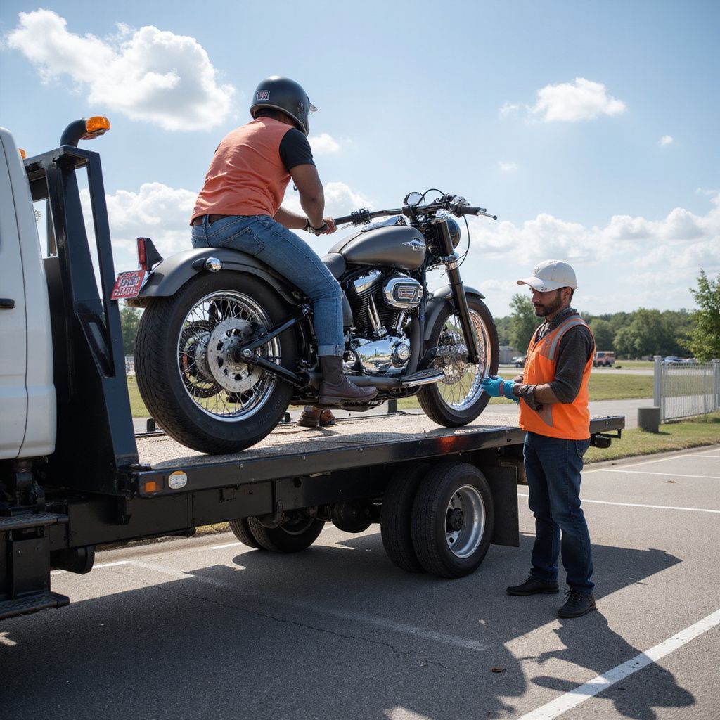 Man on motorcycle being loaded onto a tow truck. Two men wearing orange vests, under a blue sky.