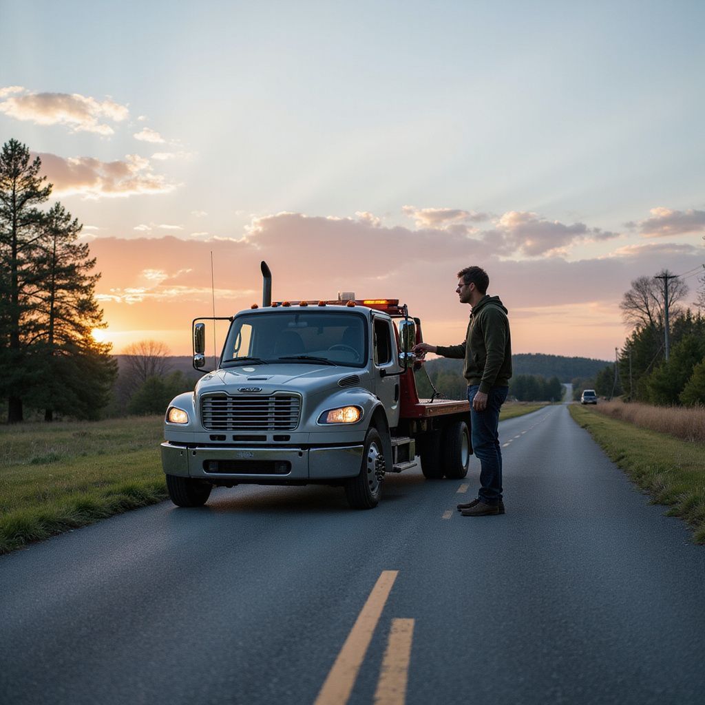 A man stands next to a flatbed tow truck on a rural road during a golden sunset.