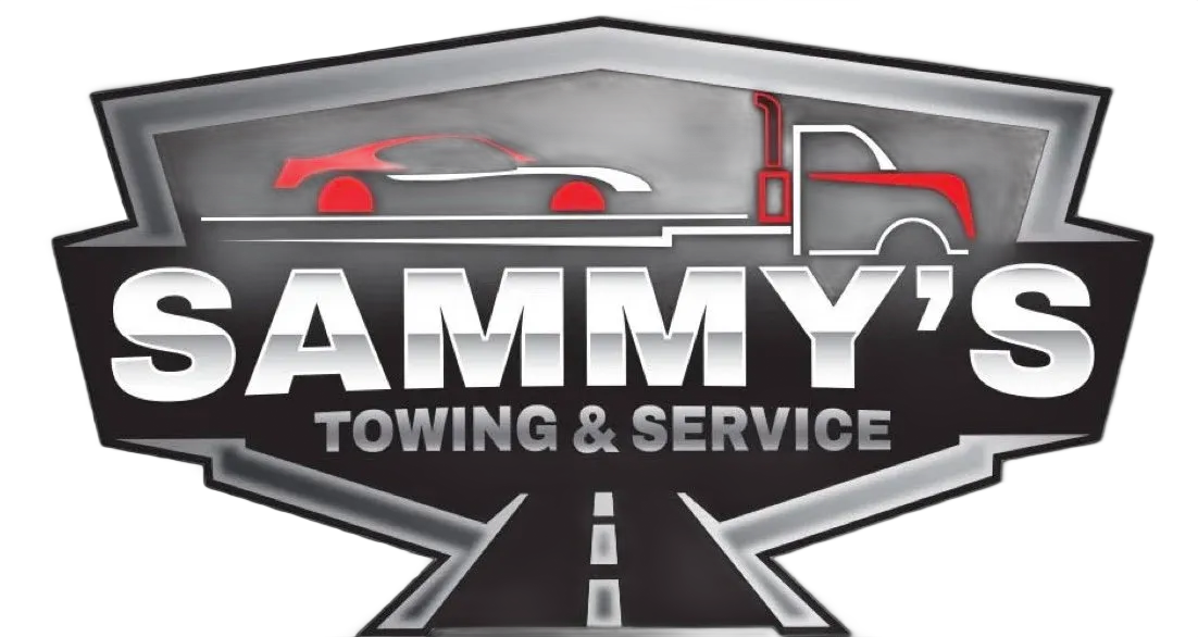 Logo for Sammy's Towing & Service. Black, silver, and red design depicts car being towed by truck.