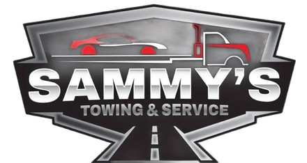 Sammy's Towing & Service logo: gray shield with car and tow truck image, text 