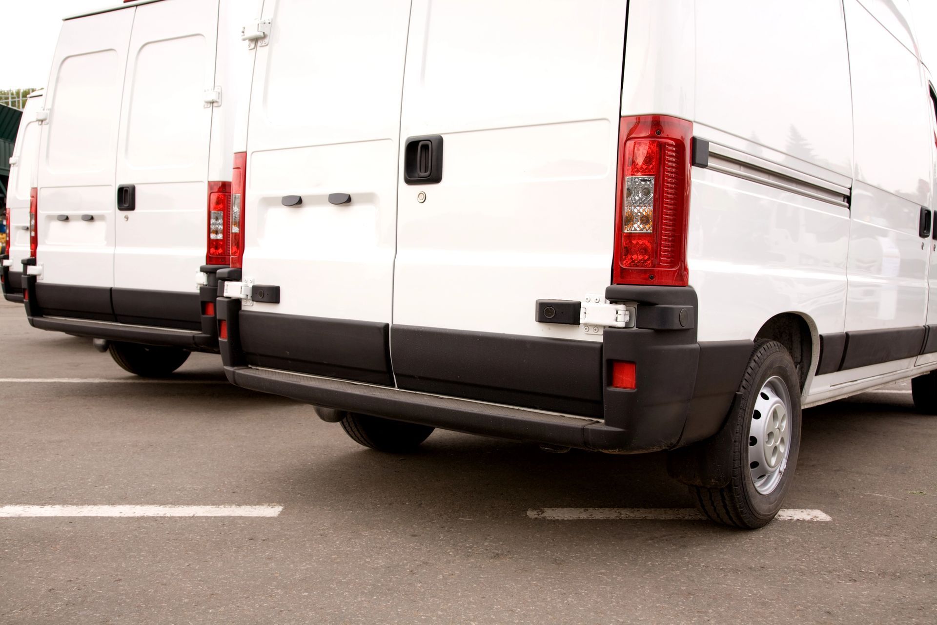 Furgoni bianchi parcheggiati in un parcheggio, vista posteriore.