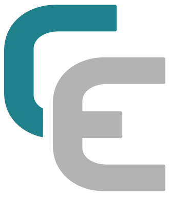 A blue and gray letter e on a white background.