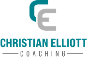 The logo for christian elliott coaching is blue and gray.