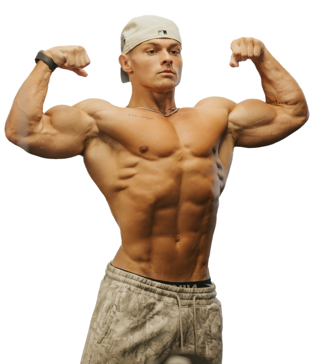 A shirtless man in a hat is flexing his muscles
