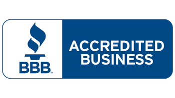 BBB Accredited Business logo, blue and white badge with torch icon