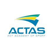 The actas act academy of sport logo is blue and yellow on a white background.