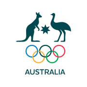 The logo for the australia olympics shows a kangaroo and an emu surrounded by olympic rings.