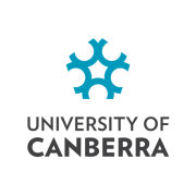 The university of canberra logo is blue and black with a gear in the middle.