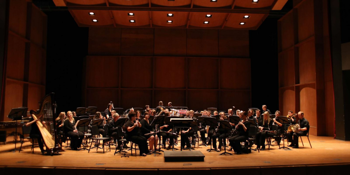 a large orchestra is playing on a stage in a dark room .